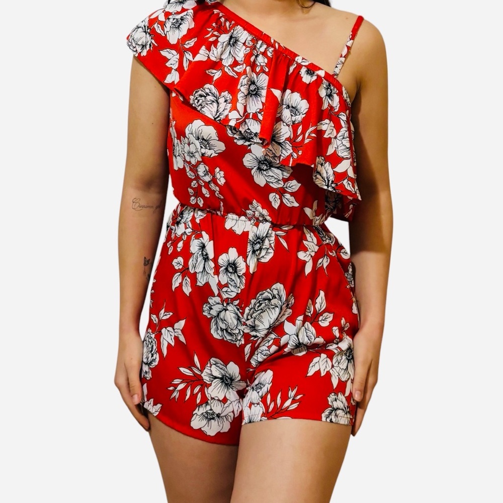 Floral Red One-Shoulder Romper